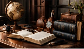 Editorial concept of a refined desk with globe and journal