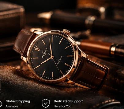Concept editorial photograph of a classic mechanical wristwatch on a wooden desk